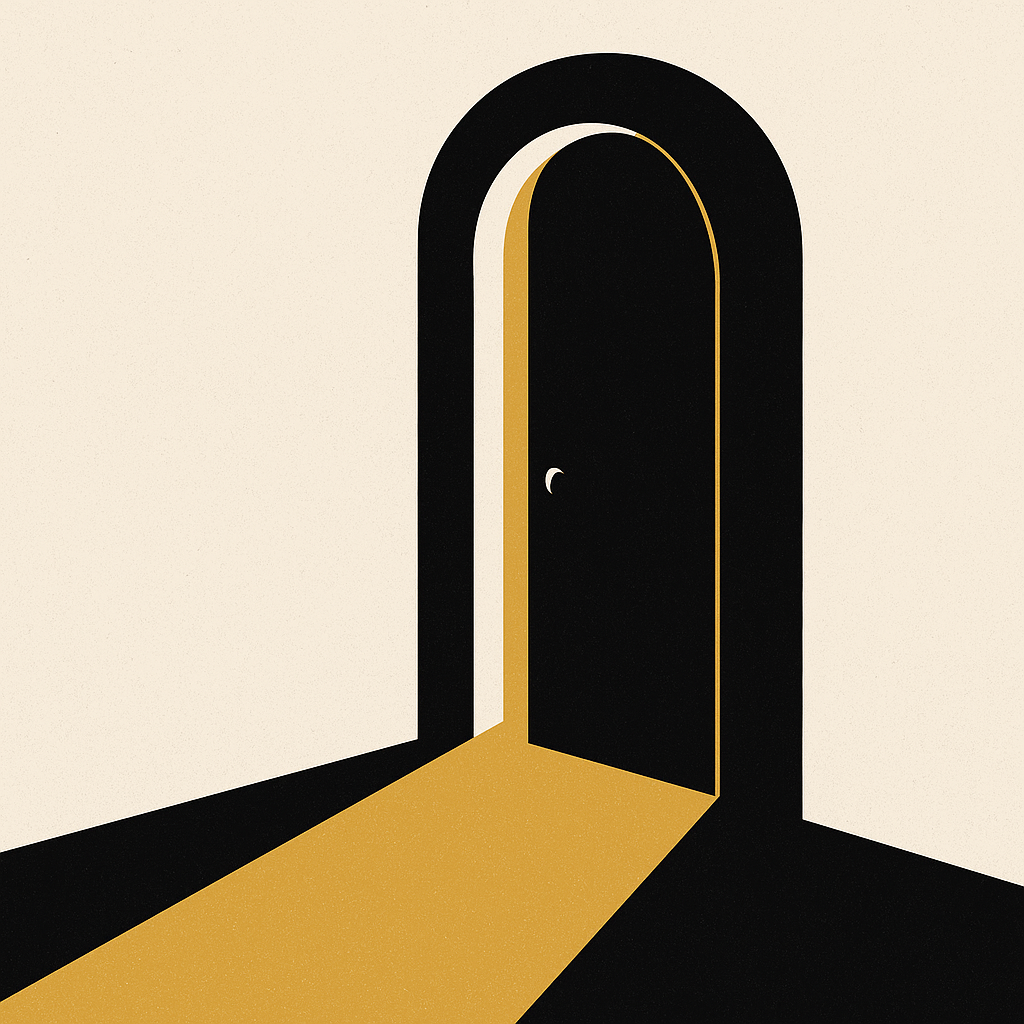 Ilustração simbólica de uma porta estreita iluminada, representando escolhas, rotina e reflexão existencial