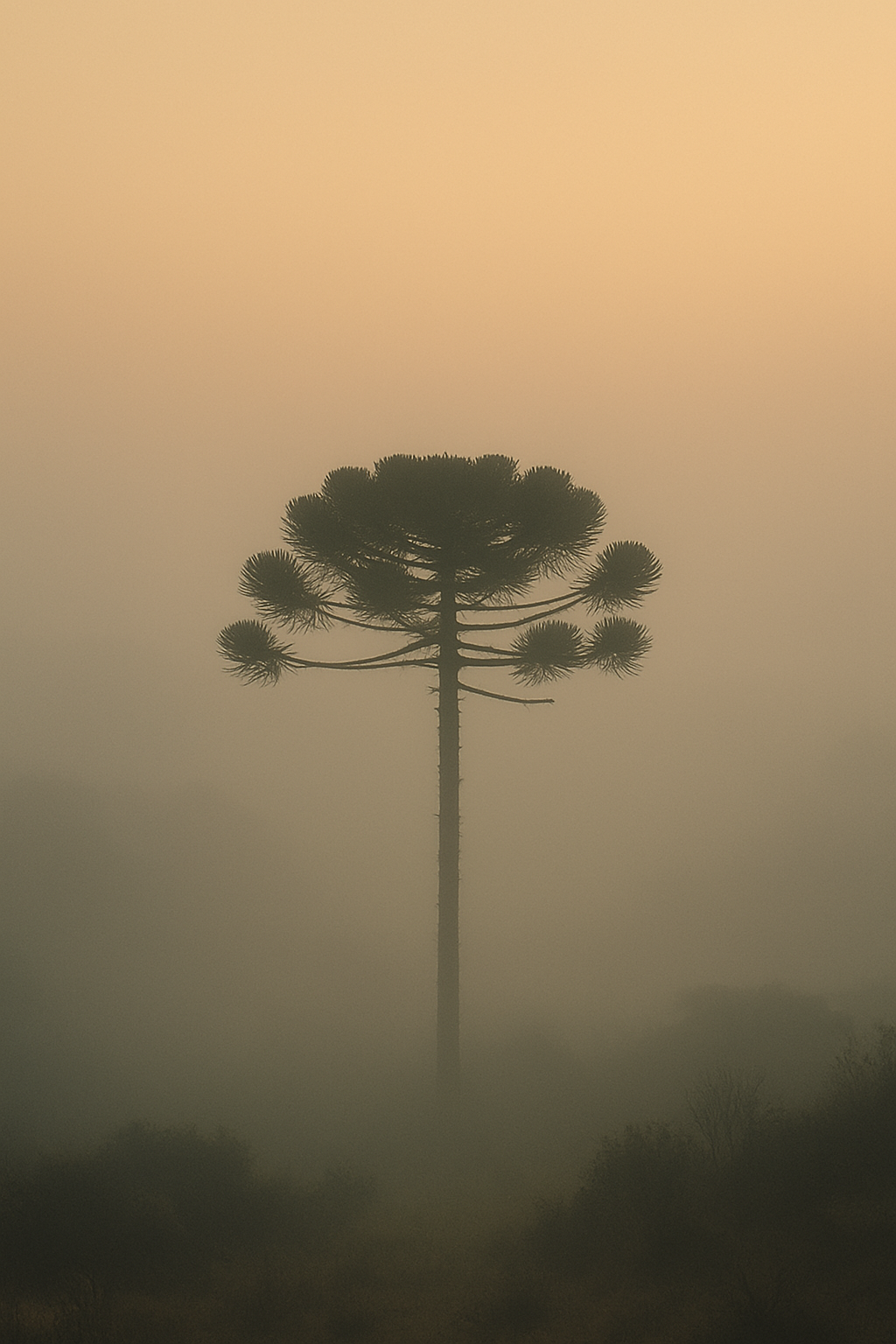Araucária solitária envolta em neblina ao amanhecer, simbolizando reflexão e mudança de perspectiva