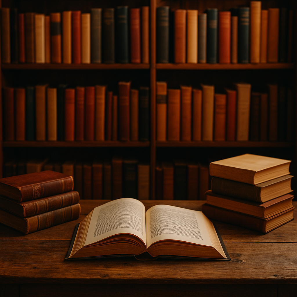 Livro antigo aberto sobre mesa de madeira com estante de livros ao fundo em ambiente de biblioteca ou sebo