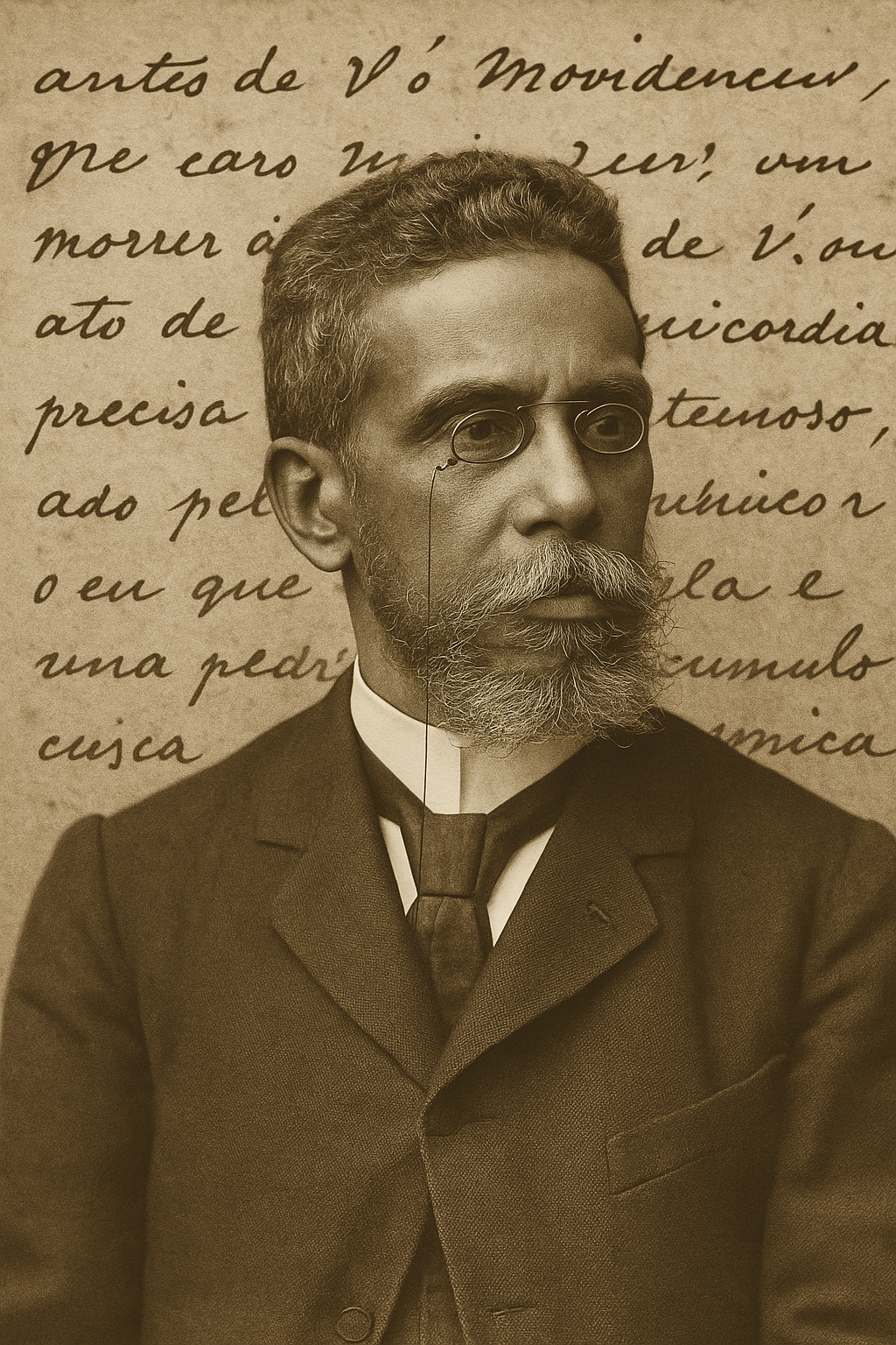 Retrato de Machado de Assis em estilo sépia com fundo de manuscrito antigo