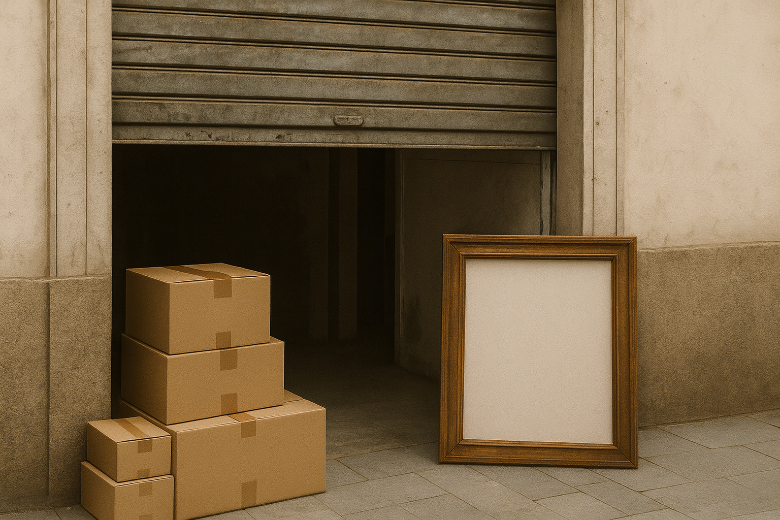 Loja encerrando atividades com caixas de mudança e moldura apoiada diante da porta metálica